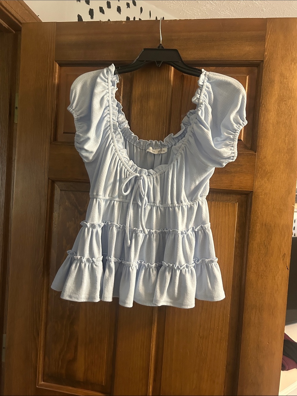 Altar'd State Light Blue Ruffled Peplum Tie-Neck Puff Sleeve Top